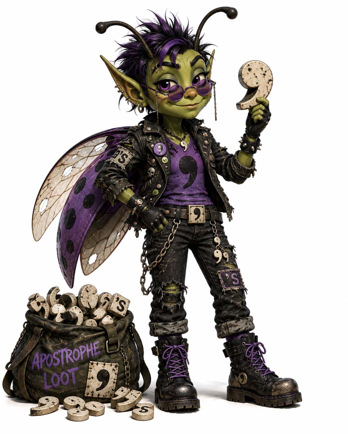 Apostrophe Archie, a green punk pest in purple glasses and a studded jacket, holding up an apostrophe beside a sack labeled “Apostrophe Loot”