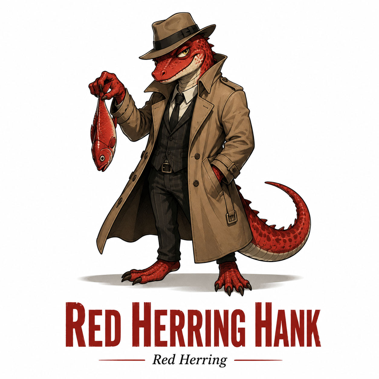 Red-Herring Hank in a trench coat holding up a red fish