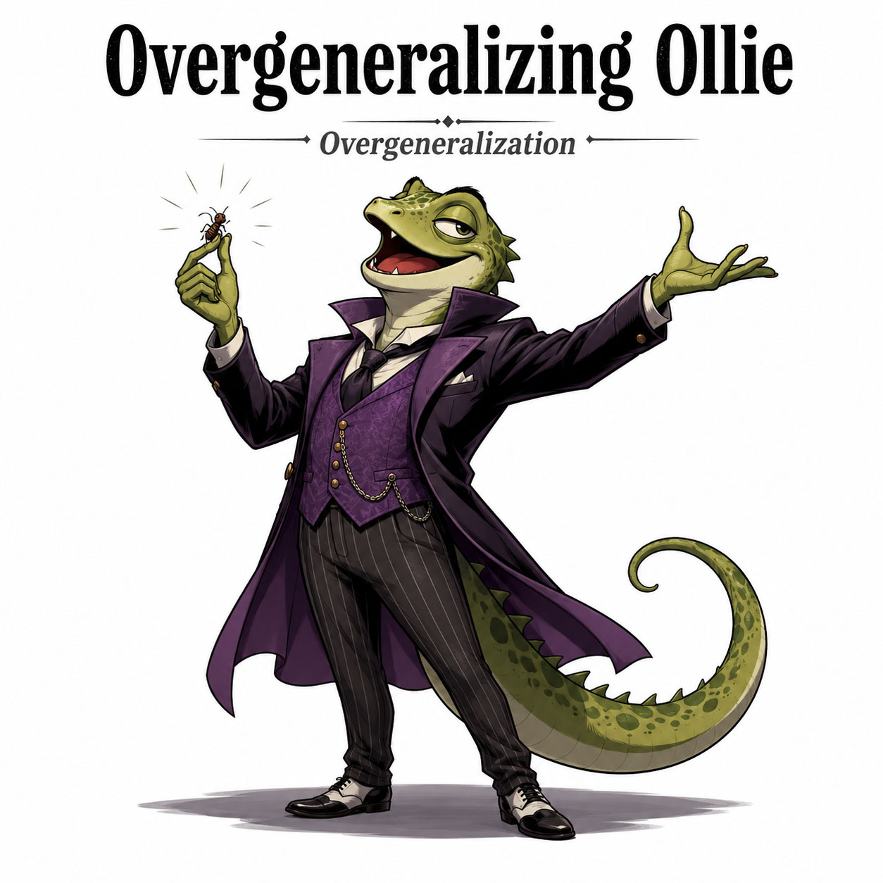 Overgeneralizing Ollie in a purple suit holding up a tiny insect