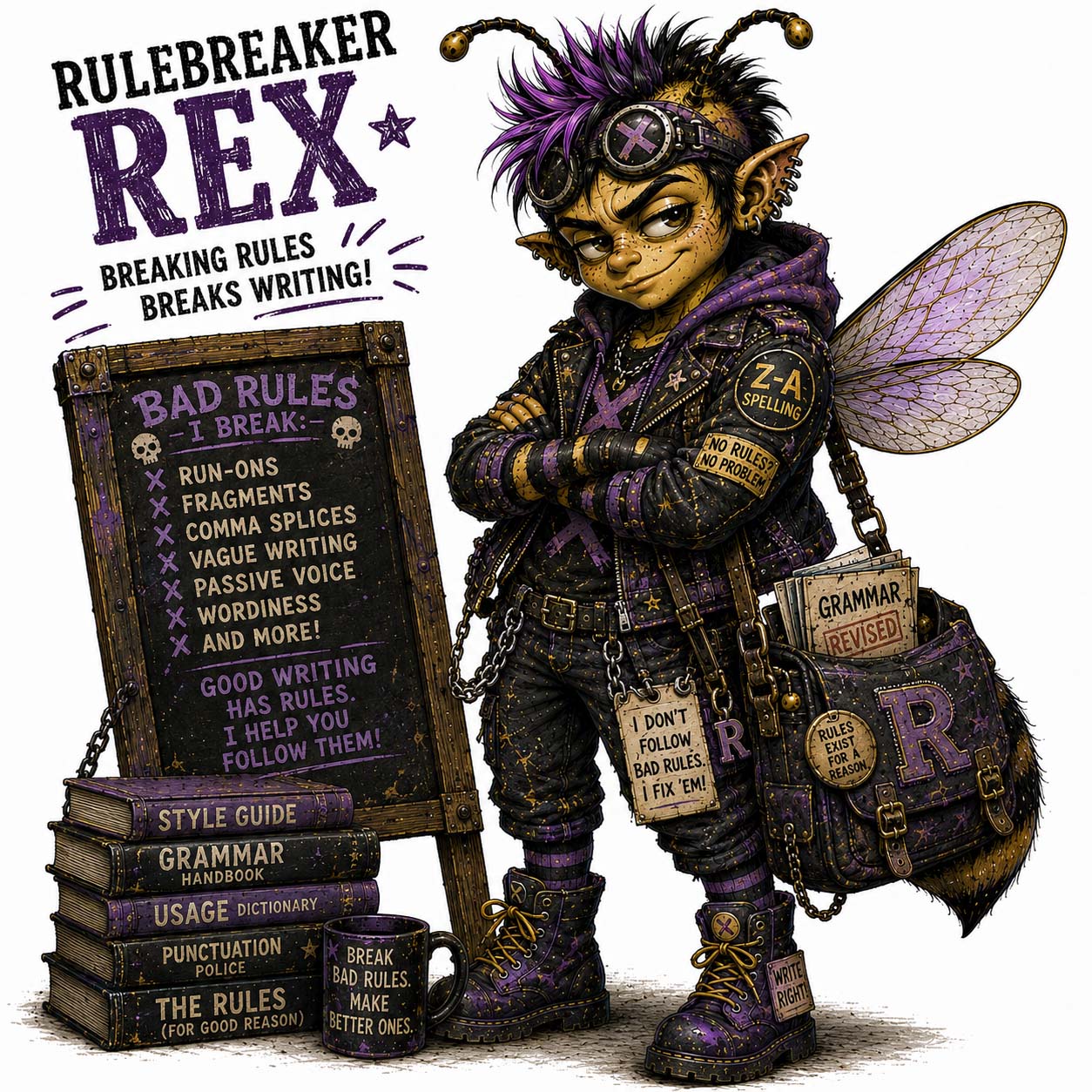 Rulebreaker Rex, original Bad Spelling Bee illustration beside a grammar and style board