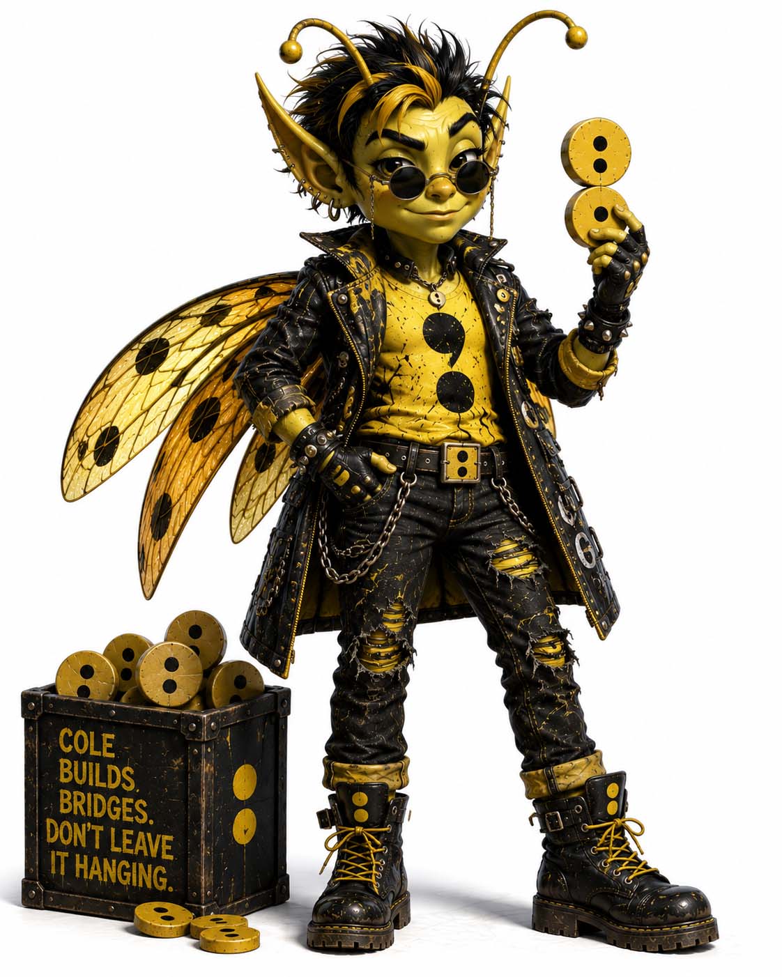 Colon Cole, a yellow punk pest in round dark glasses and a black studded jacket, holding up a colon beside a crate labeled “Cole builds bridges. Don’	 leave it hanging.”