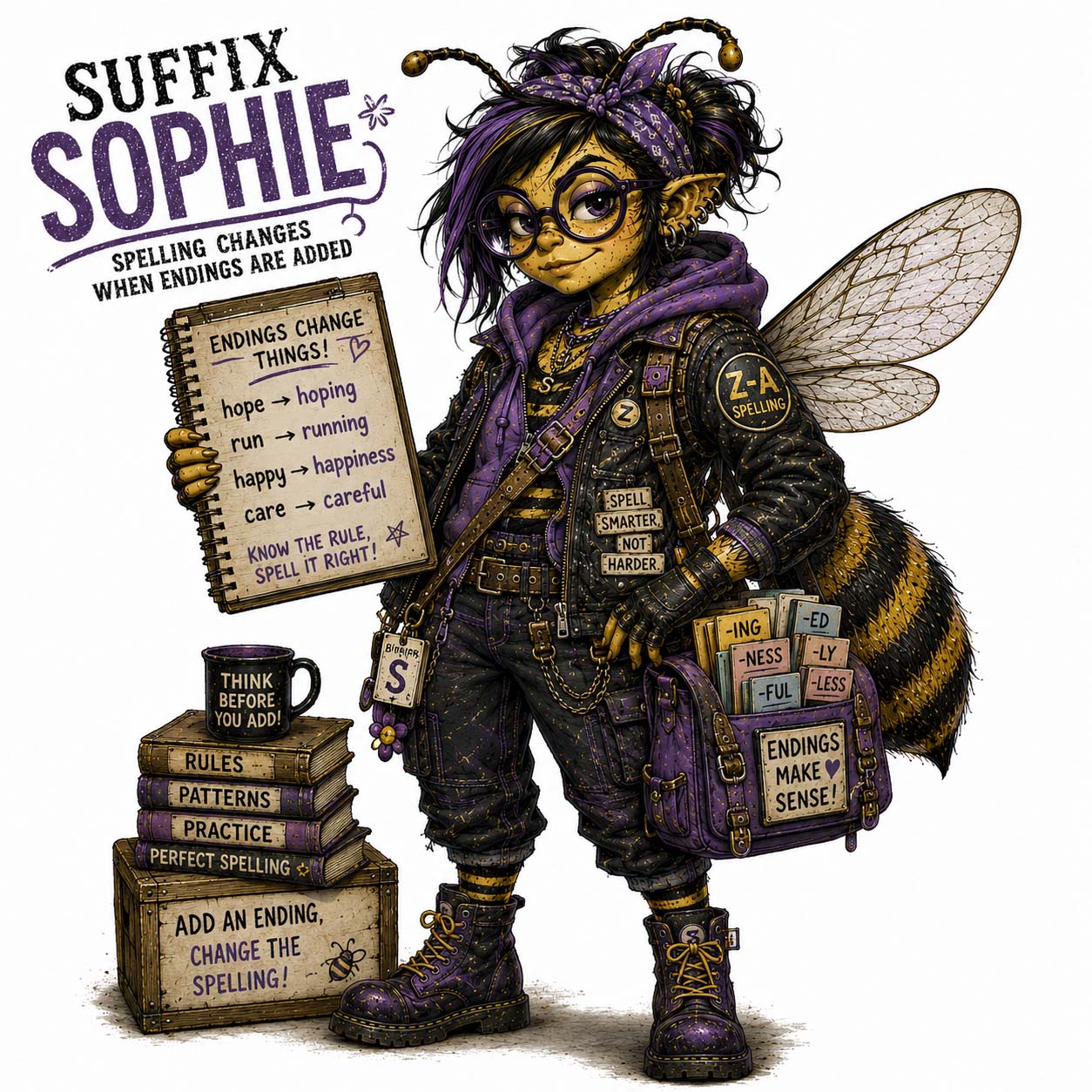 Suffix Sophie, original Bad Spelling Bee illustration about word endings