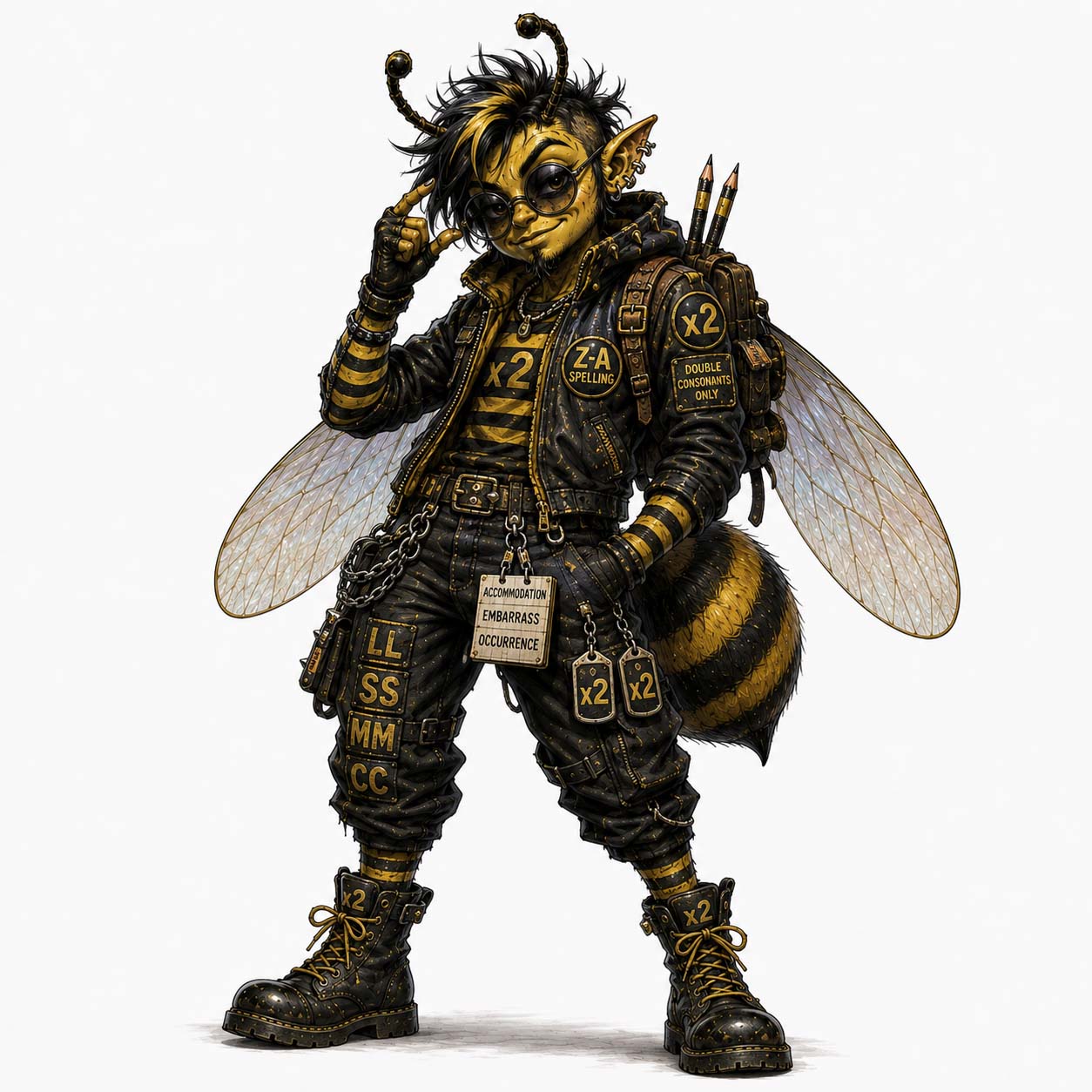 Doubled Danny, original Bad Spelling Bee illustration with x2 motifs and consonant-pair patches