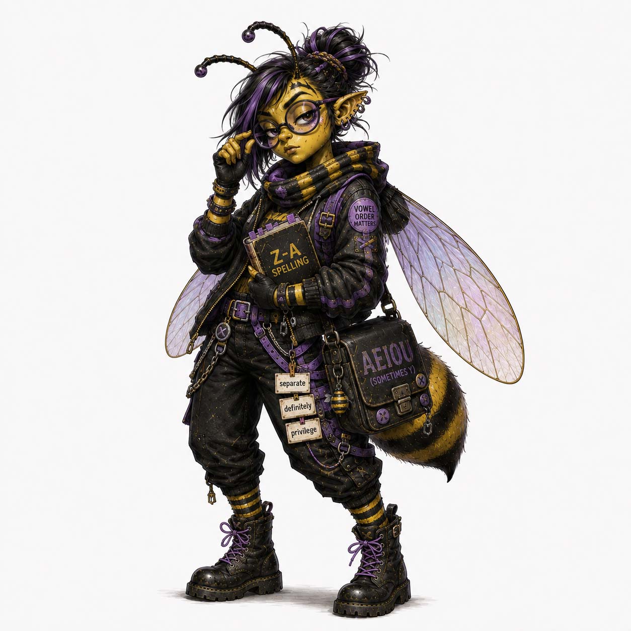 Vowel Violet, original Bad Spelling Bee illustration about vowel order