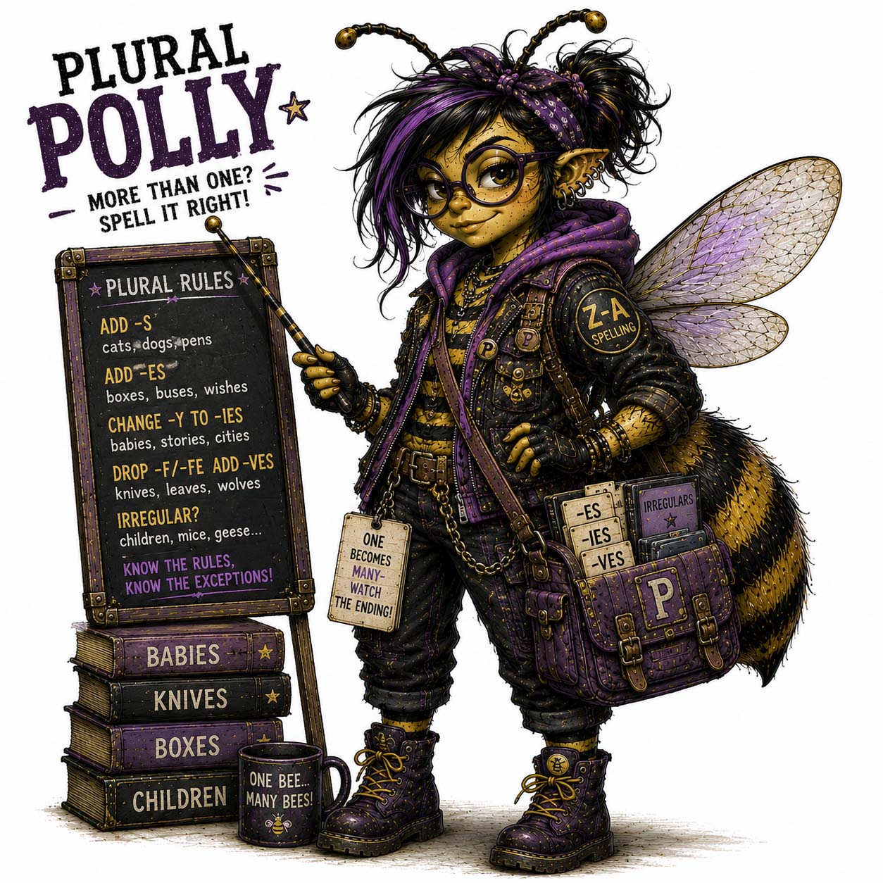 Plural Polly, original Bad Spelling Bee illustration about plurals
