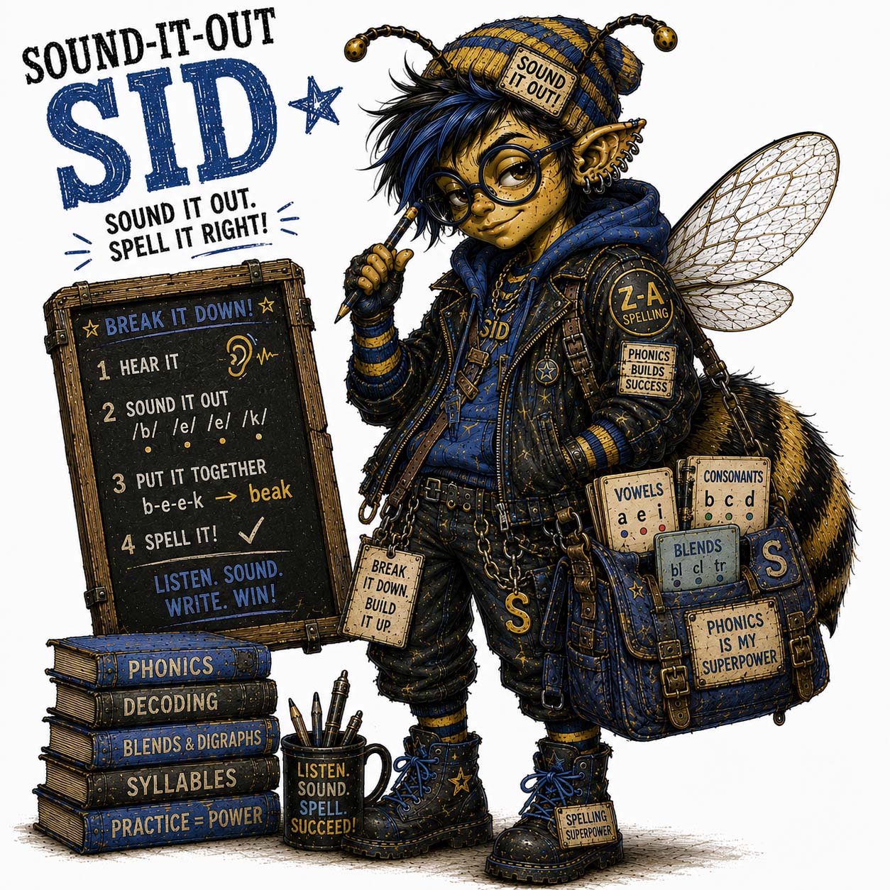 Sound-It-Out Sid, original Bad Spelling Bee illustration with phonics books and a sound-it-out board