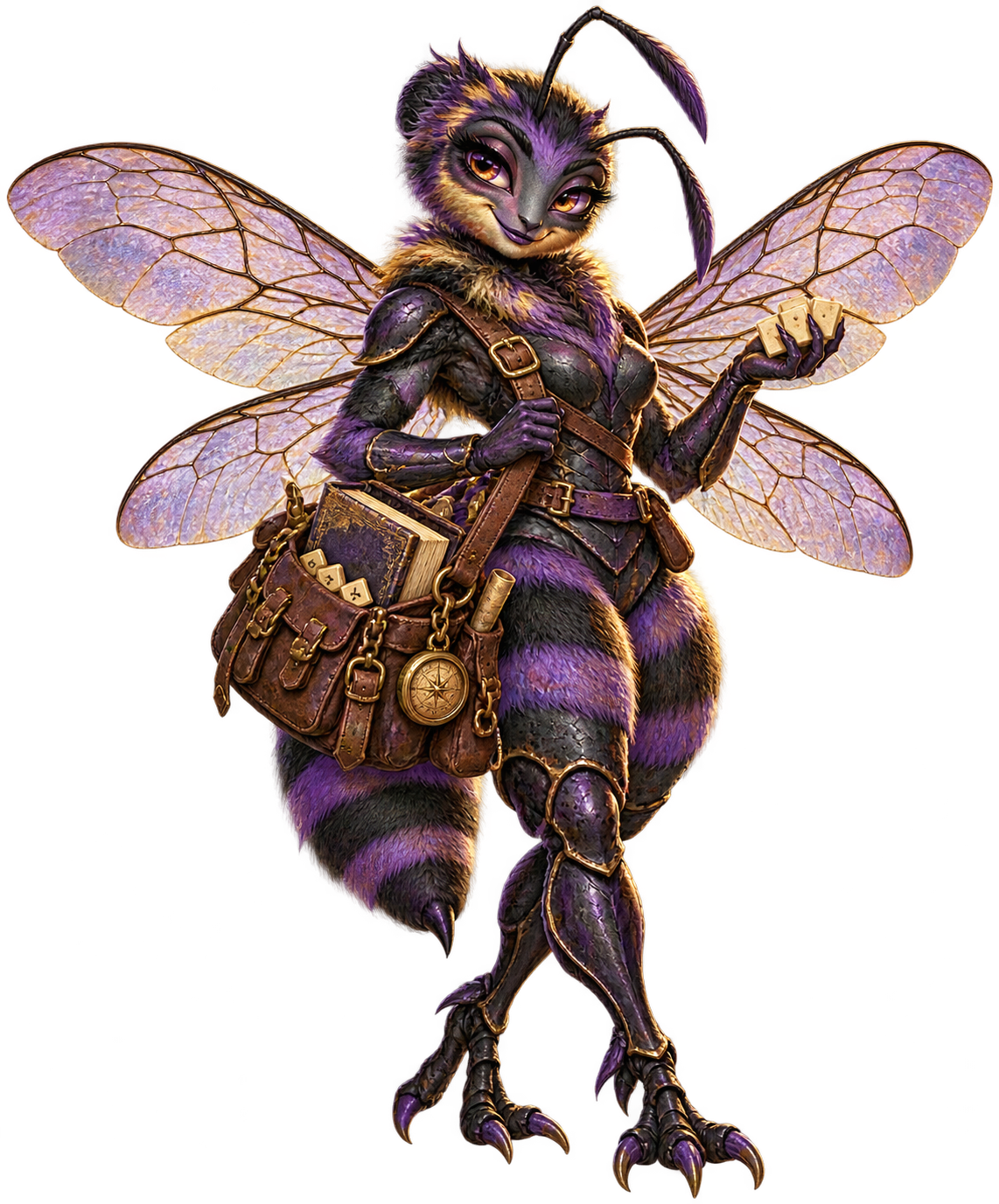 Borrowed Bea, a purple-black winged traveler carrying a dictionary and letter tiles