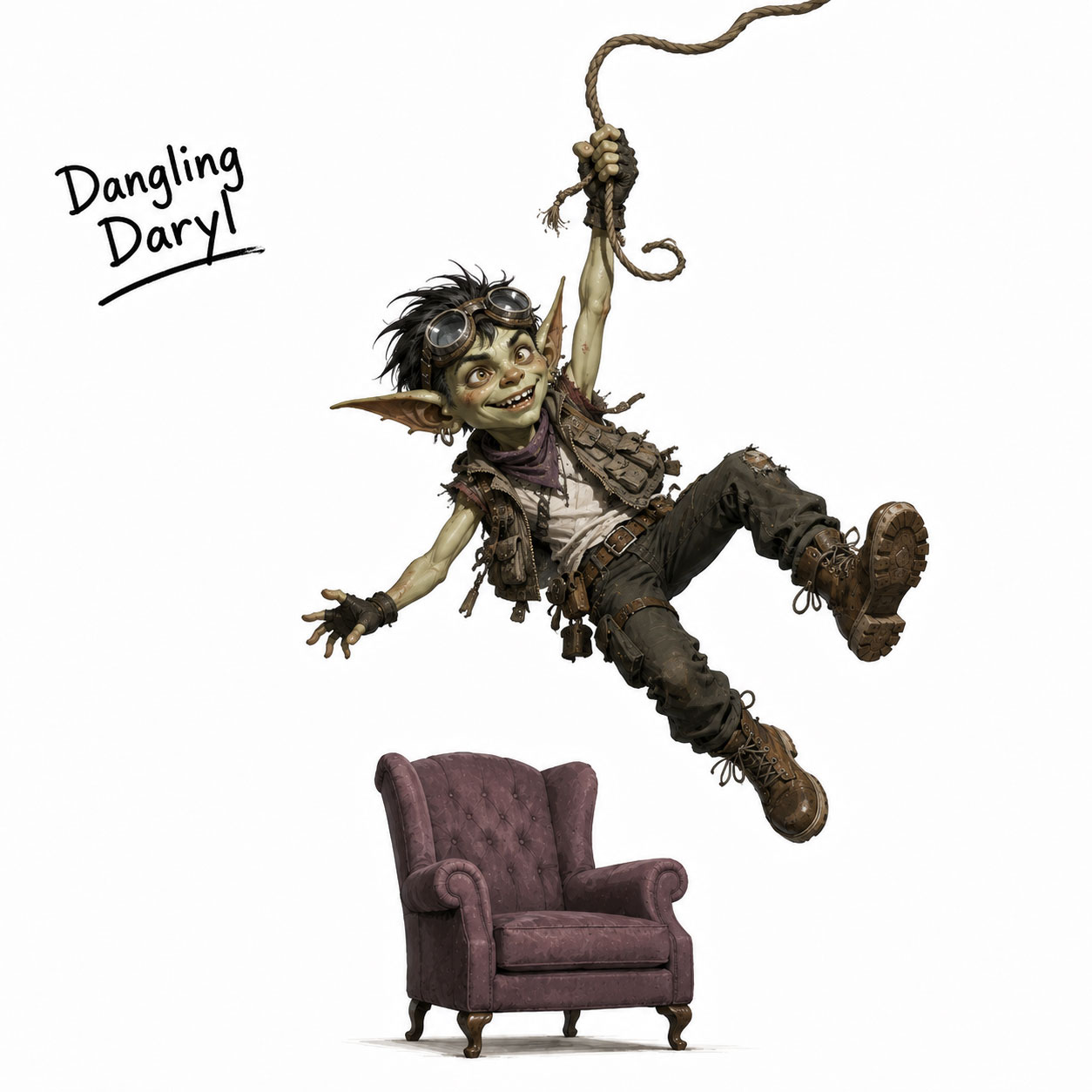 Dangling Daryl swinging on a rope over an armchair