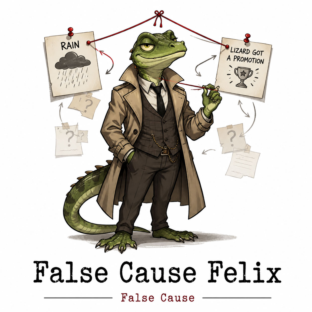 False-Cause Felix in a trench coat linking “Rain” and “Lizard got a promotion” with red string