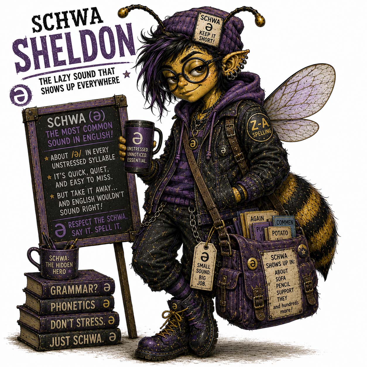 Schwa Sheldon, original Bad Spelling Bee illustration about unstressed vowels