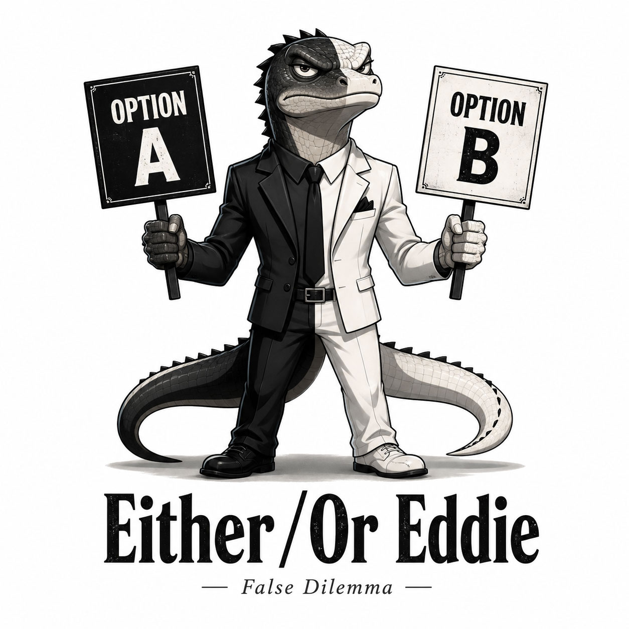 Either-Or Eddie in a half-black, half-white suit holding signs reading “Option A” and “Option B”