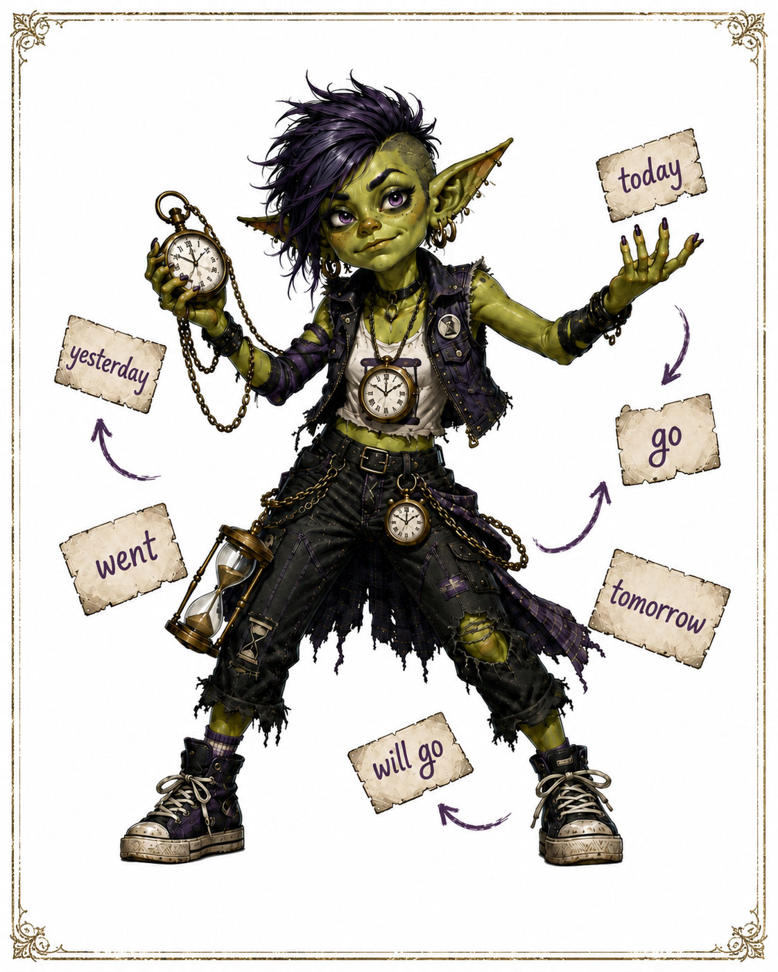 Tense Tina holding a pocket watch among word cards