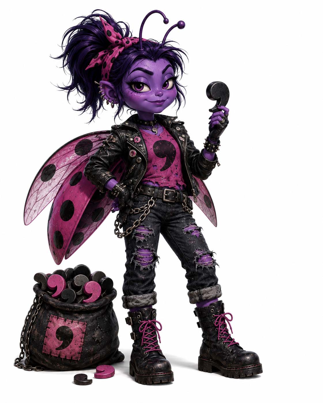 Comma Clara, a purple punk ladybug in a leather jacket, holding up a comma beside a sack of commas