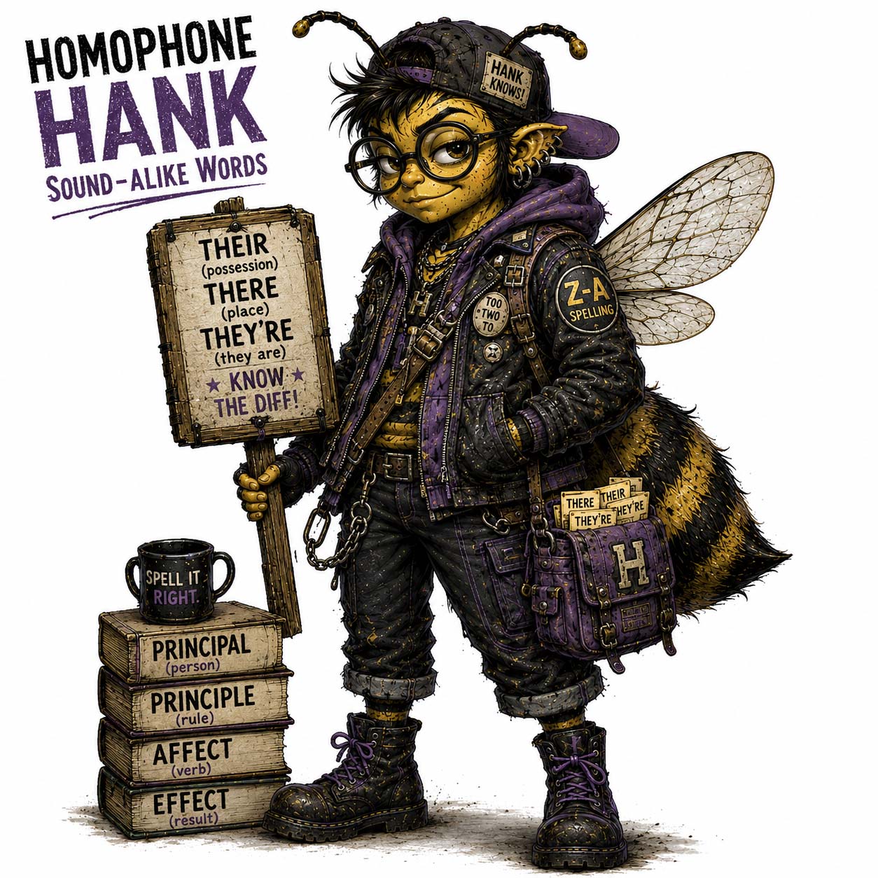 Homophone Hank, original Bad Spelling Bee illustration about sound-alike words
