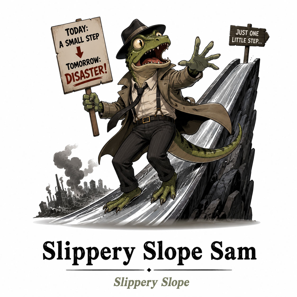 Slippery-Slope Sam on a steep slope beside a “small step → disaster” sign